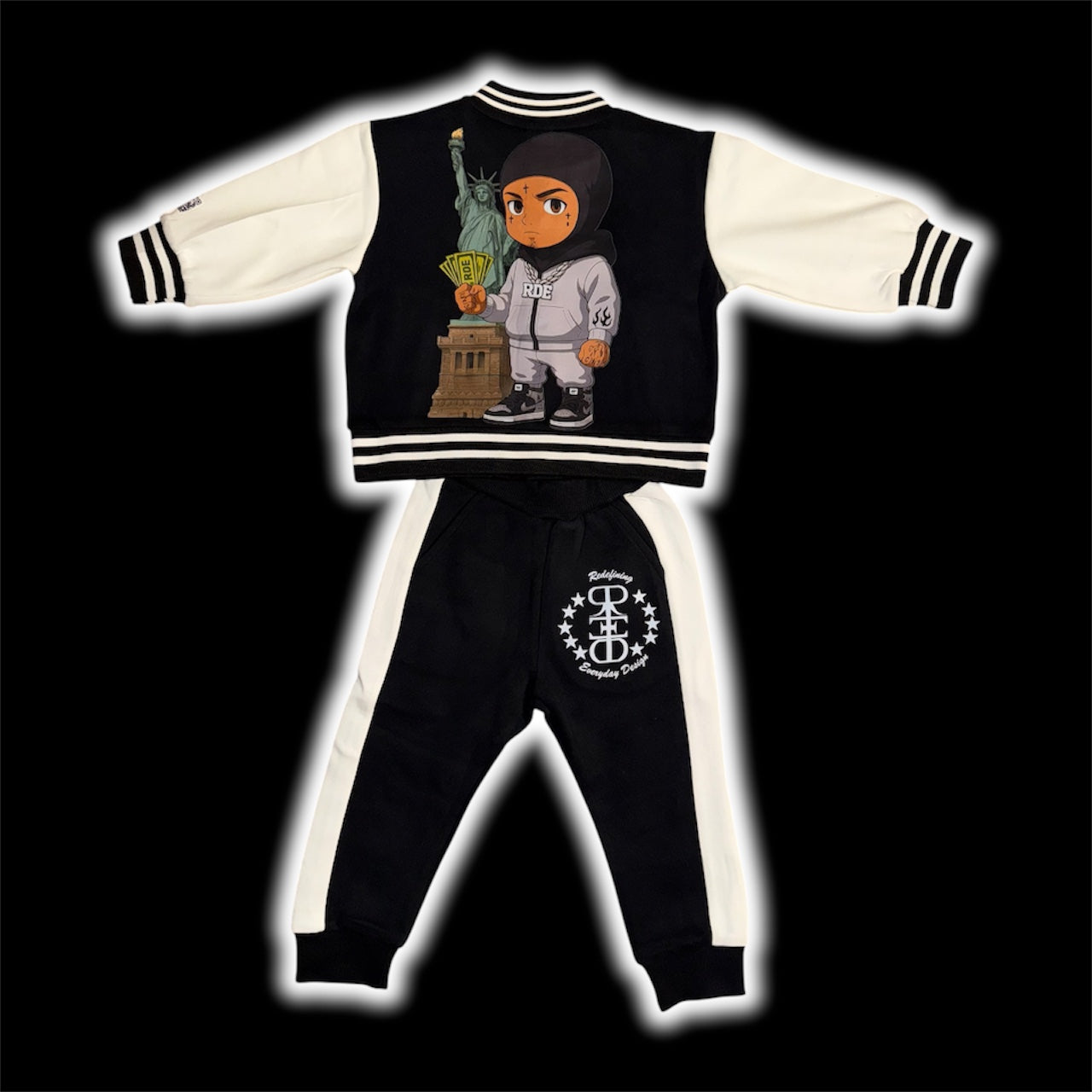 2 piece youth black & white letterman jacket & jogger set